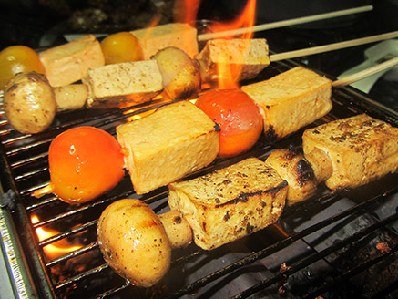 Tofu and Mushrooms Skewers in a Barbecue Marinade