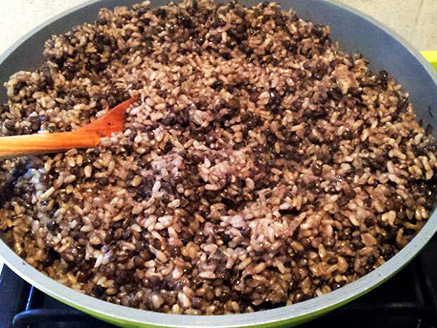 Mujaddara Made of Brown Round Rice and Black Lentil