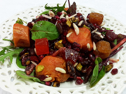 Hot Sweet Potato Salad with Baby Leaf, Pomegranates and Pecans