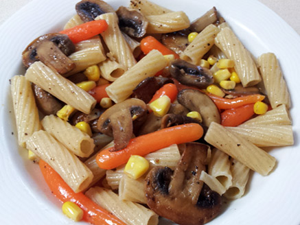 Vegan Rice Pasta with Mushrooms, Corn and Baby Carrots