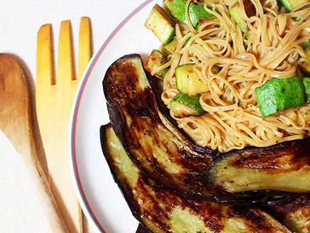 Brown Rice Noodles with Zucchini and Eggplant